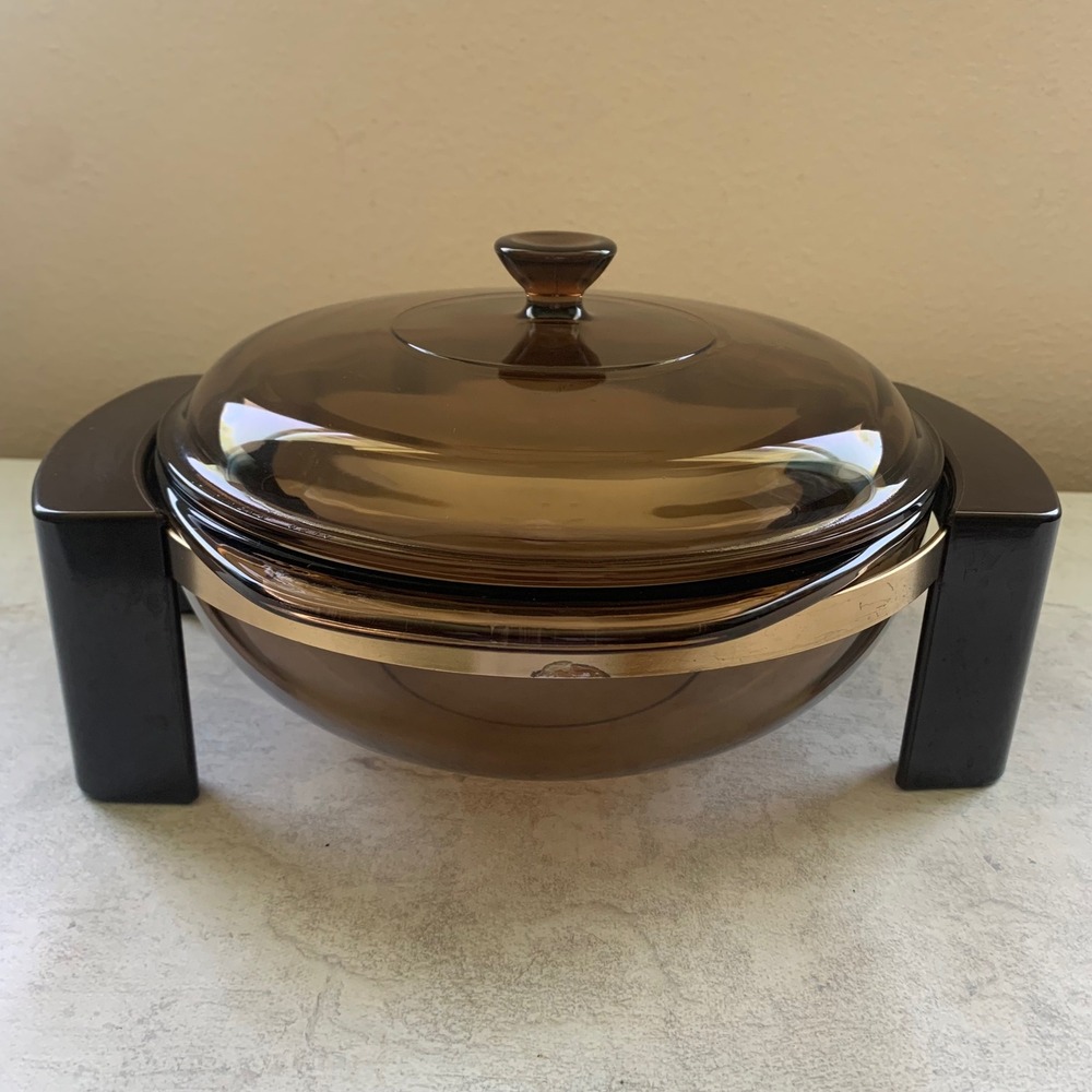 Vintage Pyrex 024 Amber 2‎ Qt Round Casserole Dish Lid & Warming Cradle Stand